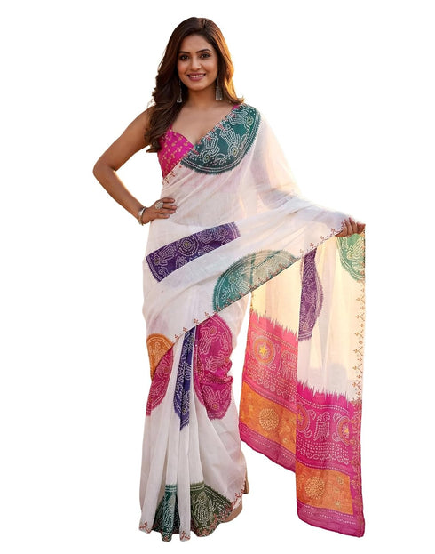 Vasthrlay Chanderi Bandhani Unstitched White Saree