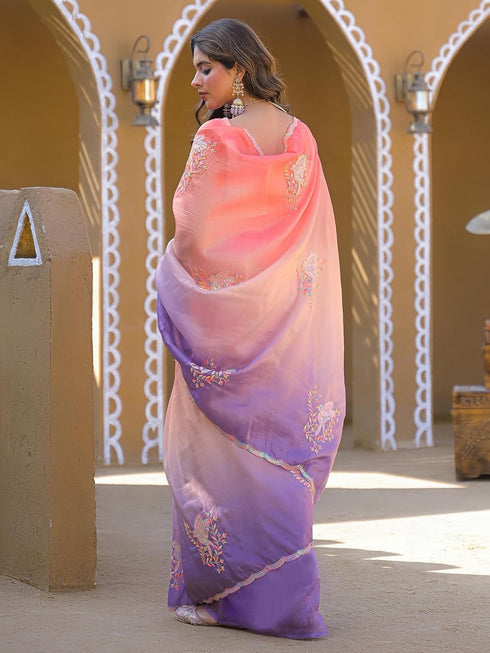 Vasthrlay Sequins Embroidery Orange Saree