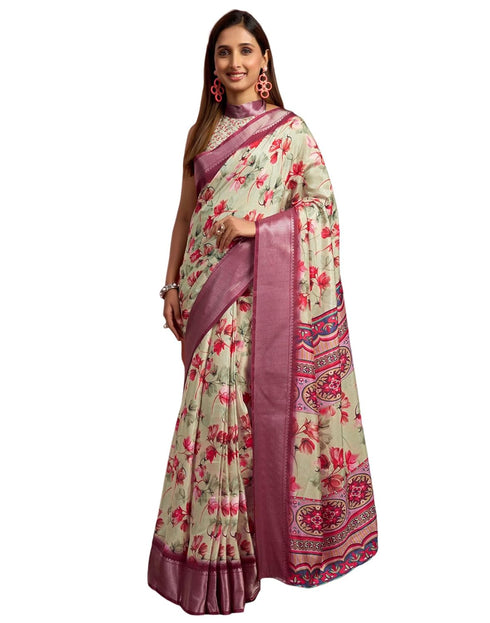 Vasthrlay Printed Jacquard Unstitched Rama Green Saree