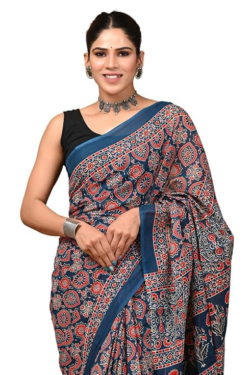 Crafts Moda Hand Block Ajrakh Print Cotton Saree For Women With Blouse
