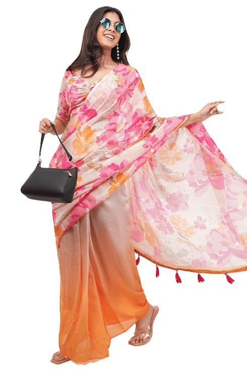 Vasthrlay Peach Pink Multi Print Design Linen Ready To Wear Saree For Women