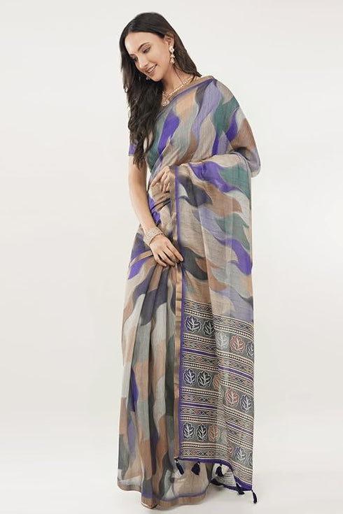Vasthrlay Off White1 Paisley Printed Linen Saree With Unstitched Blouse Piece