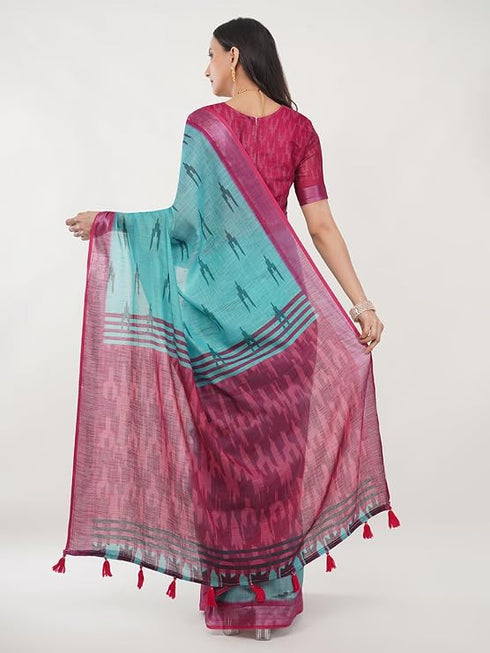 Vasthrlay Womens Blue Paisley Printed Linen Saree With Unstitched Blouse Piece