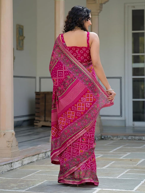 Vasthrlay Georgette Bandhani Pink And White Saree With Unstitched Blouse Piece