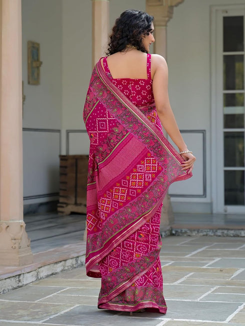Vasthrlay Georgette Bandhani Unstitched Pink Saree