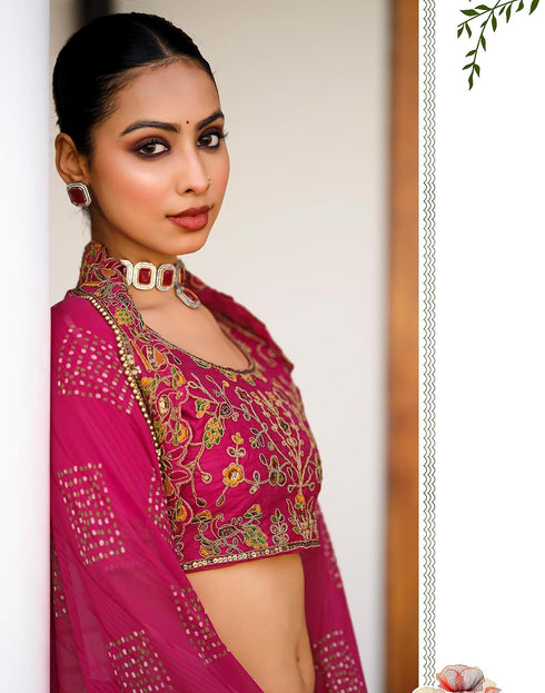 Vasthrlay Bandhani Printed Georgette Sequence Lace Scalloped Border Rani Pink Saree with Unstitched Blouse Piece