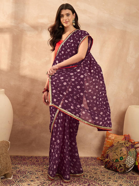 Vasthrlay Vasthrlaywomenspurplegeorgettebandhaniprintembroideredlaceworksareewithunstitchedblousepiece Sareeforwoman Designersareeforwomen Tr Ethnic Wear