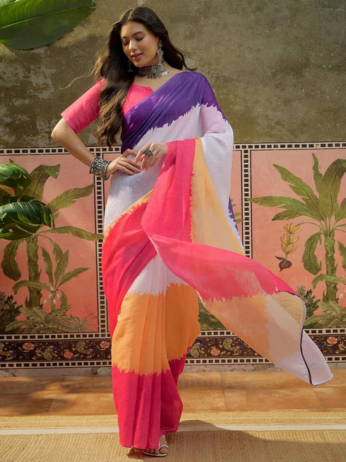 Vasthrlay Womens Printed Unstitched Multicolor Saree