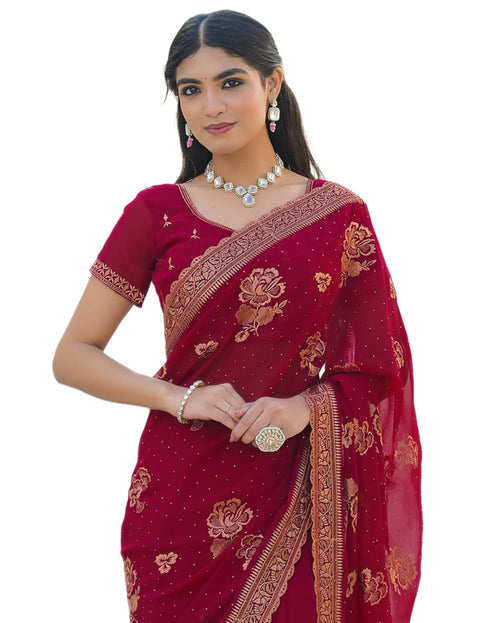 Vasthrlay Georgette Embroidery Unstitched Maroon Saree