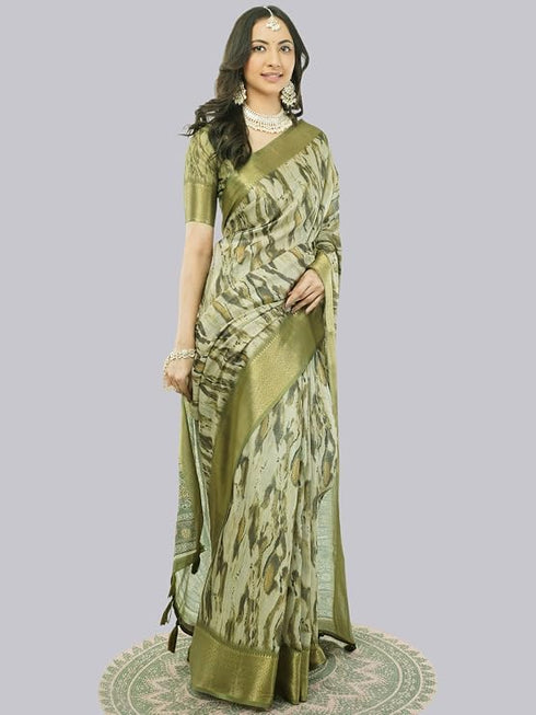 Vasthrlay Olive Green Geometric Triangle Print Polyester Saree With Muted Gold Zari Border And Teal Blue Ruched Unstitched Blouse Piece