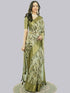 Vasthrlay Olive Green Geometric Triangle Print Polyester Saree With Muted Gold Zari Border And Teal Blue Ruched Unstitched Blouse Piece