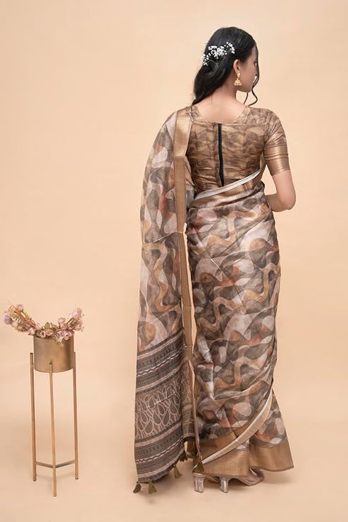Vasthrlay Tan Beige Geometric Print Polyester Saree With Dull Gold Zari Border And Unstitched Blouse Piece