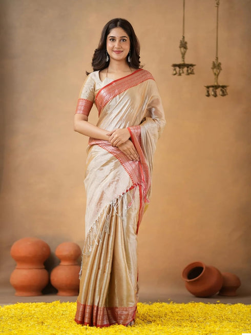 Vasthrlay Handloom Unstitched Beigered Ethnic Wear