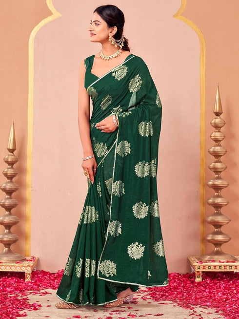Vasthrlay Vichitra Printed Unstitched Rani Pink Saree