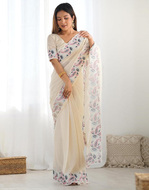Vasthrlay Embroidery Scalloped Unstitched Off White Saree