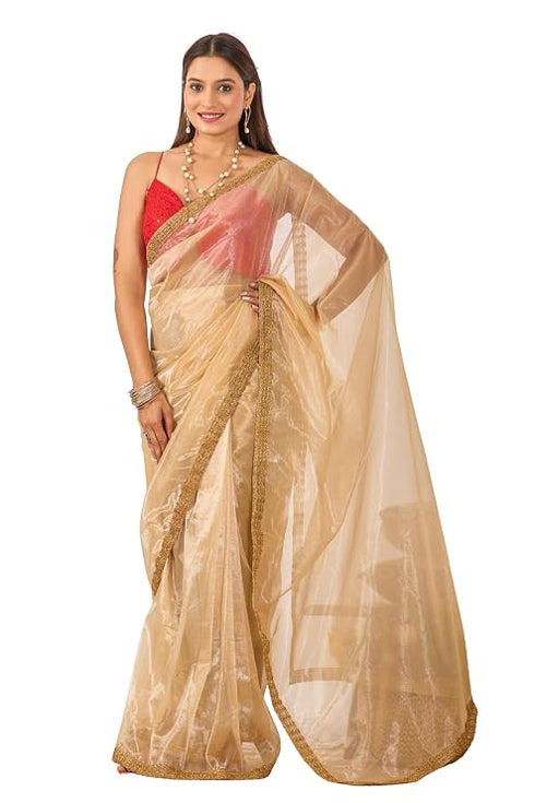 Vasthrlay Beige Plain Shimmer Saree With Sequin Border Andunstitched Blouse Piece