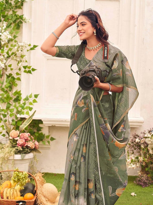Vasthrlay Womens Printed Unstitched Sage Green Saree