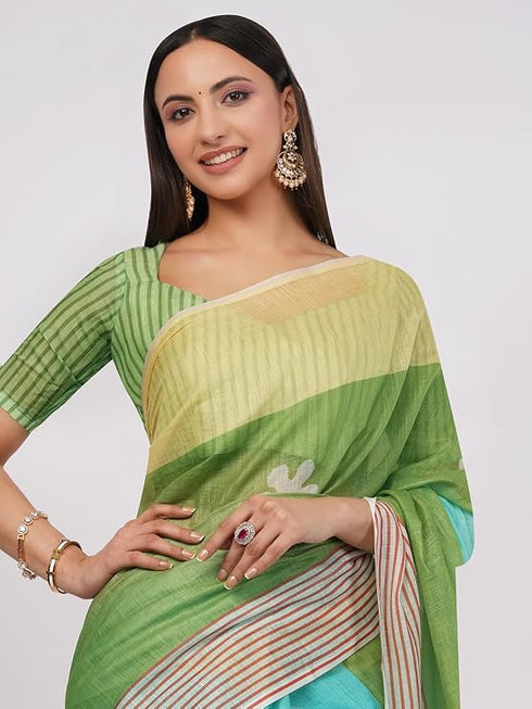 Vasthrlay Green Linen Floral | Striped | Check Design Printed Saree With Solid Unstitched Linen Blouse Piece