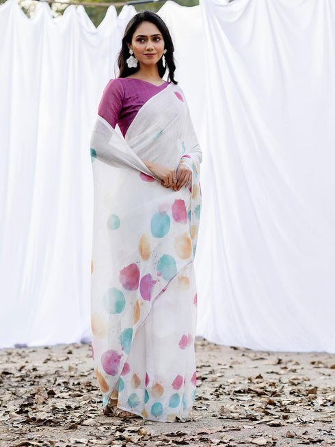 Vasthrlay Womens Printed Unstitched Off White Saree