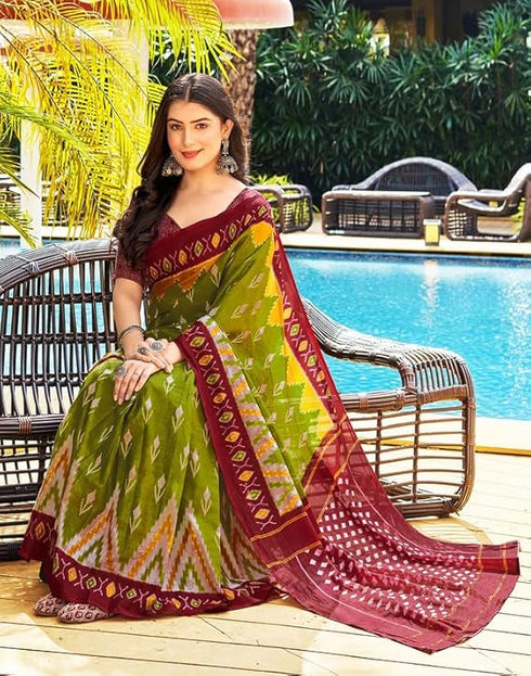 Vasthrlay Printed Pleated Unstitched Dark Green Saree