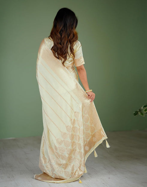 Vasthrlay Banarasi Weaving Cream Saree With Unstitched Blouse Piece