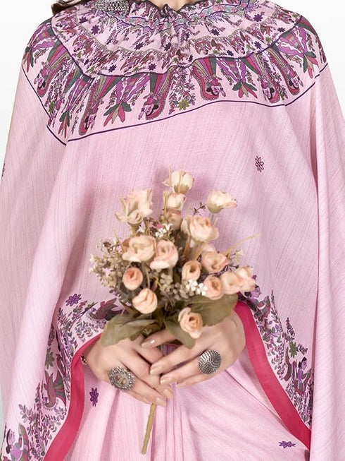 Vasthrlay Printed Kaftan Freehand Pink Women's Satin Saree With Unstitched Blouse Piece