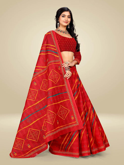 Vasthrlay Bandhani Swarovski Traditional Red Saree