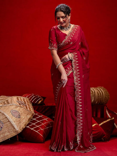 Vasthrlay Shimmer Embroidery Dusty Saree