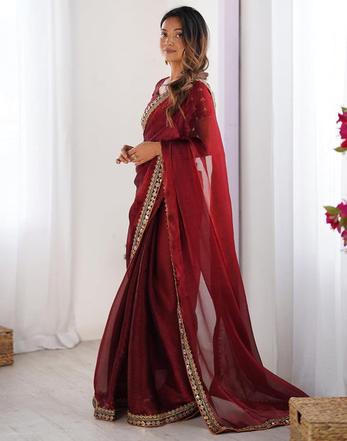 Vasthrlay Shimmer Chiffon Unstitched Maroon Saree