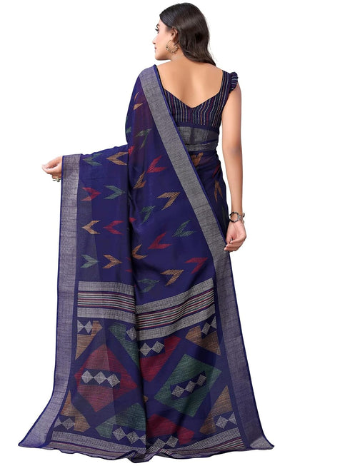 Vasthrlay Womens Printed Dark Blue Saree With Unstitched Blouse Piece