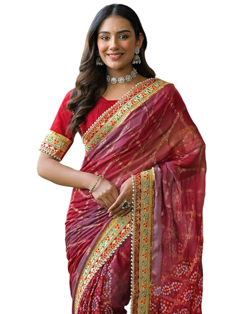 Vasthrlay Bandhani Embroidery Unstitched Pink Saree