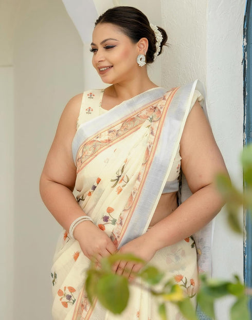 Vasthrlay Womens Printed Unstitched Off White Saree