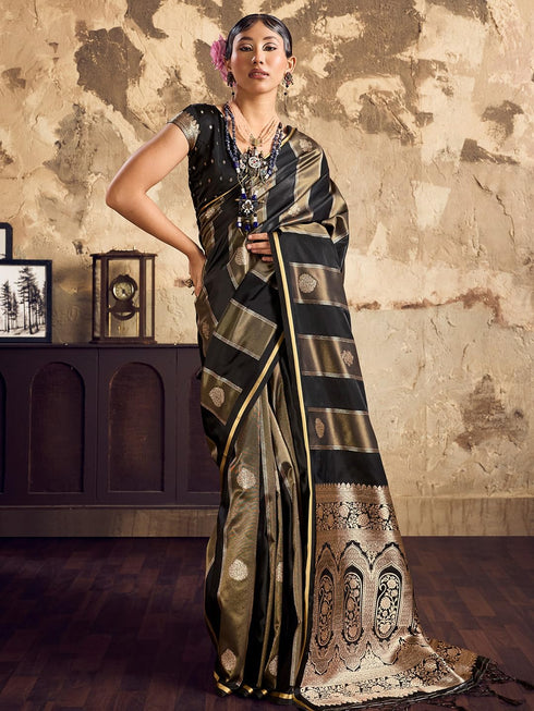 Vasthrlay Vasthrlaywomensbluesatinethnicmotifprinttasselsandlatkanssareewithunstitchedblousepiece Sareeforwoman Designersareeforwomen Rj Ethnic Wear