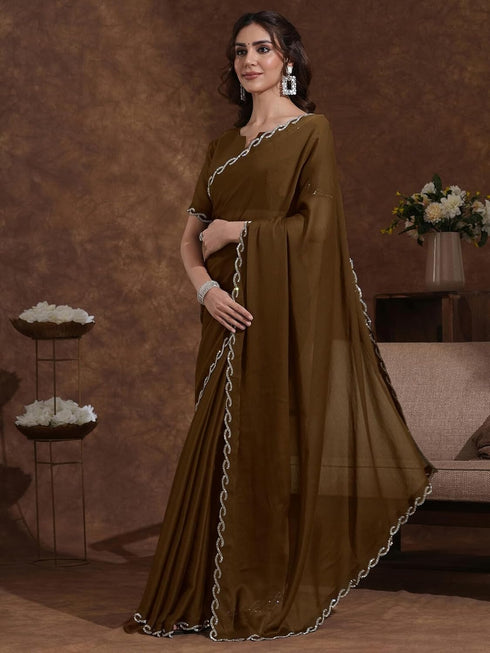 Vasthrlay Chinnon Chiffon Pista Saree
