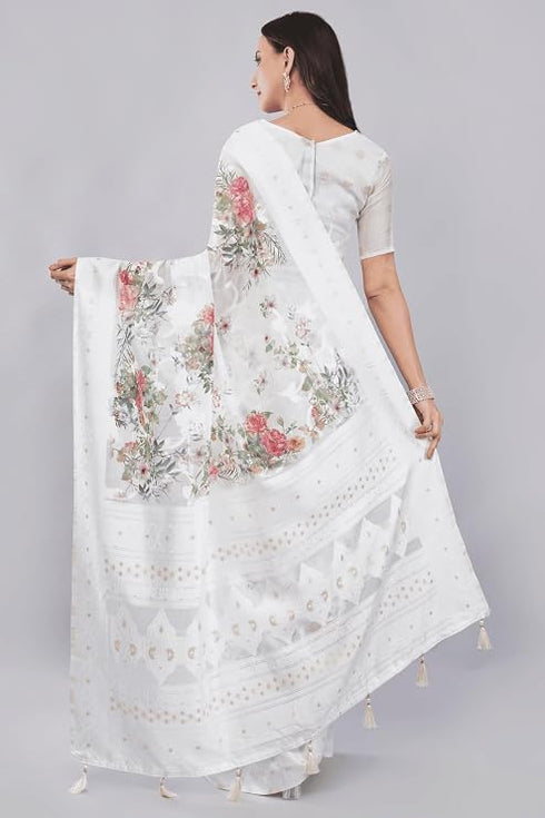 Vasthrlay White1 Floral Print Chanderi Silk Blend Saree With Unstitched Blouse Piece