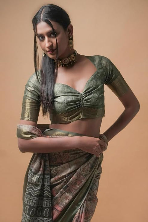 Vasthrlay Earthy Multicolor Abstract Print Polyester Saree With Antique Zari Border And Unstitched Blouse Piece