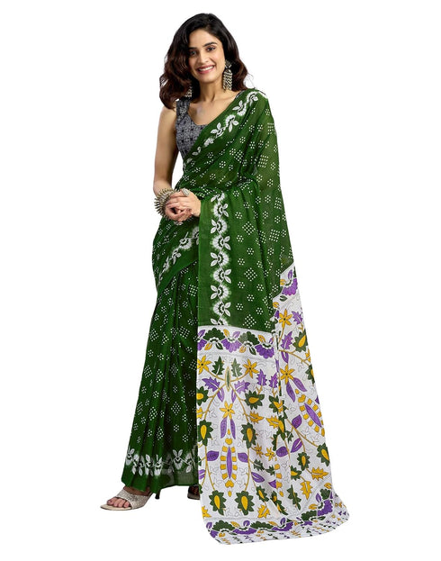 Vasthrlay Womens Printed Green Saree With Grey Unstitched Blouse Piece