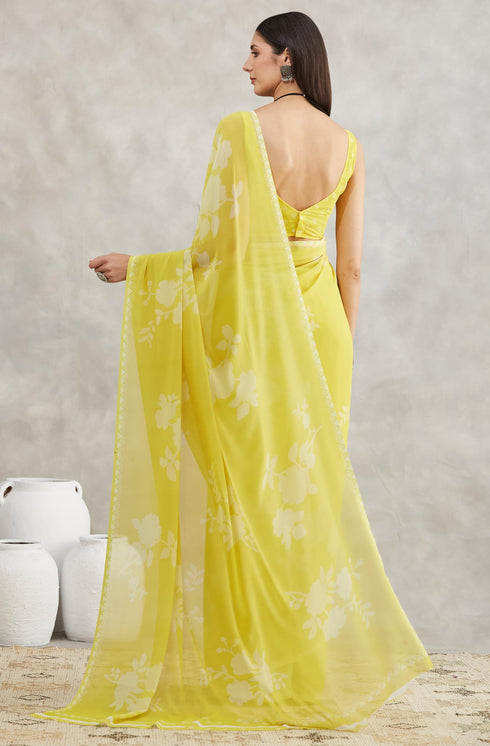 Vasthrlay Yellow Georgette Printed Saree