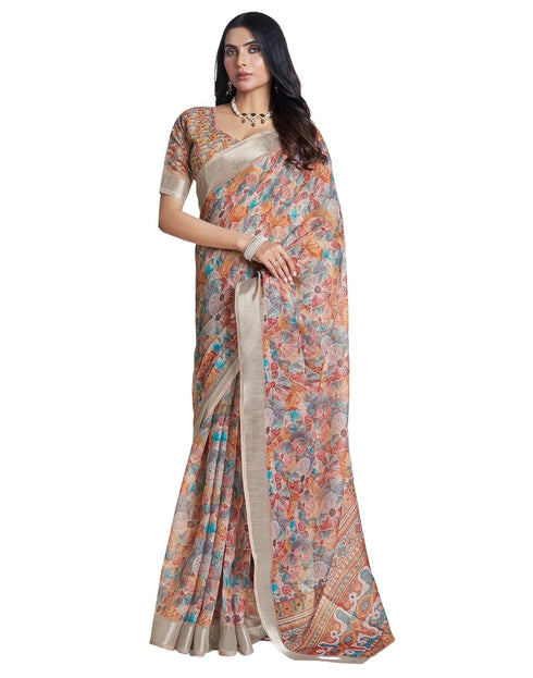 Vasthrlay Womens Printed Unstitched White Saree