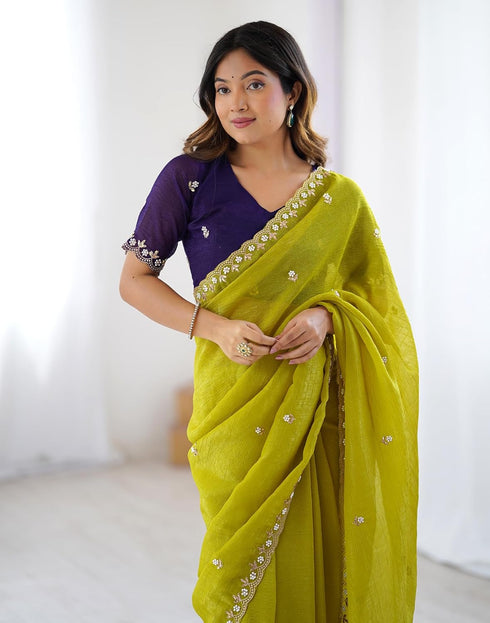 Vasthrlay Sequence Embroidery Unstitched Dark Green Saree
