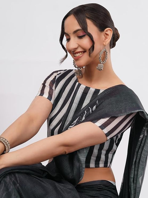 Vasthrlay Black1 Printed Linen Saree With Unstitched Blouse Piece