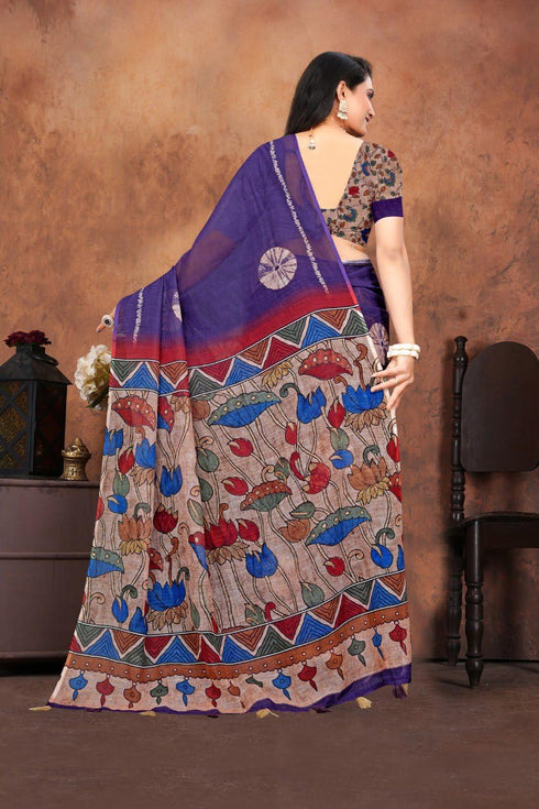Vasthrlay Pure Linen Cotton Purple Saree with Kalamkari Print Border