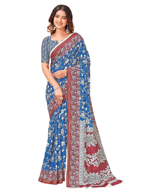Vasthrlay Kalamkari Printed Blue | Maroon Saree With Blue Unstitched Blouse Piece