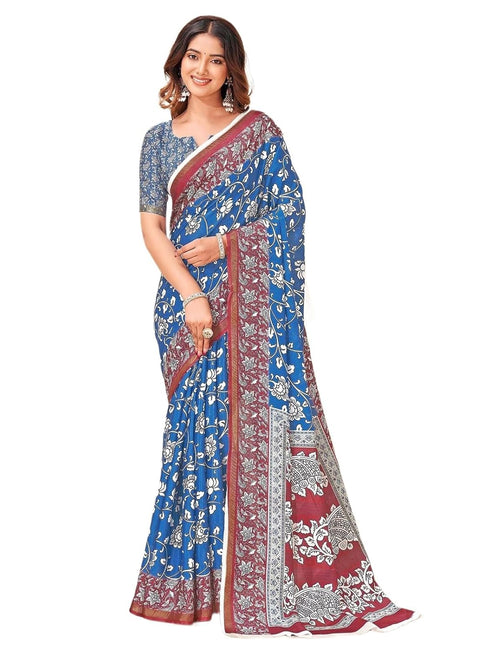 Vasthrlay Kalamkari Printed Unstitched Blue Saree