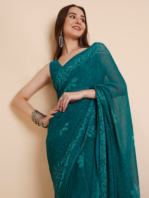 Vasthrlay Georgette Printed Unstitched Turquoise Saree