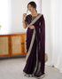 Vasthrlay Sequence Embroidery Wine Saree With Dark Wine Unstitched Blouse Piece