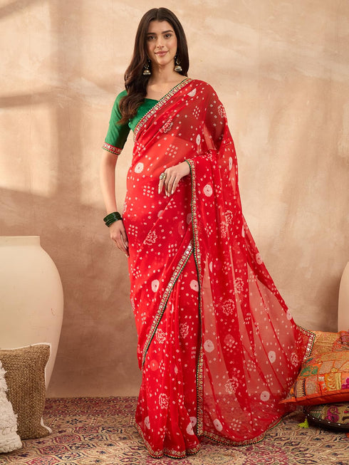Vasthrlay Georgette Bandhani Embroidered Unstitched Ethnic Wear