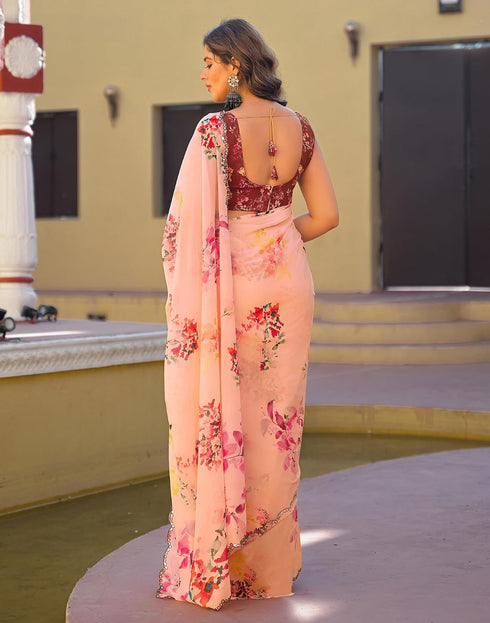 Vasthrlay Georgette Weaving Light Peach Saree With Unstitched Blouse Piece