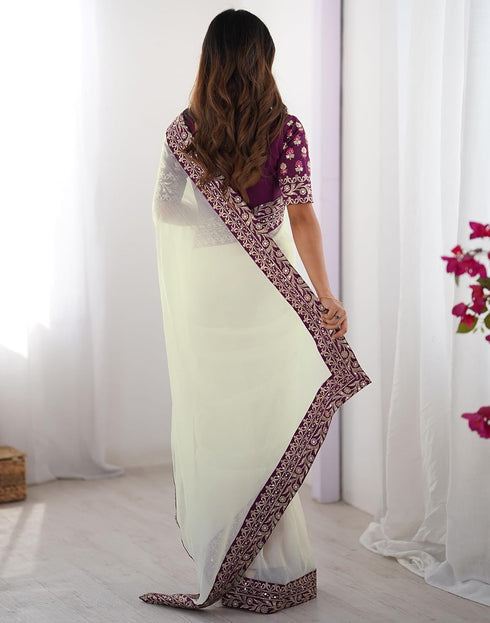 Vasthrlay Sequence Embroidery Unstitched Off White Saree