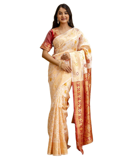 Vasthrlay Womens Banarasi Unstitched Off White Saree